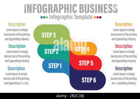 Sechs 6-Schritte, sechs 6-Option flache Vektorfolienvorlage für Geschäftspräsentationen mit Diagrammdiagramm Stock Vektor