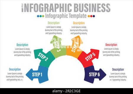 Infografiken für Unternehmen. Pfeilkreis mit sechs 6 Schritten, sechs 6-Optionen, sechs 6-Teile. Vektorvorlage Stock Vektor