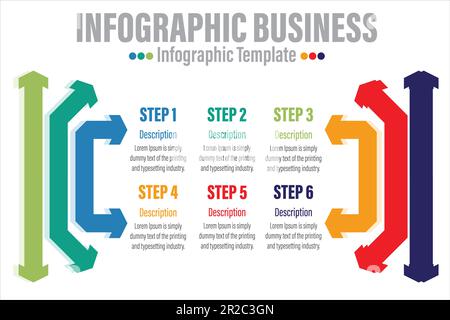 Infografiken mit sechs Pfeilen. Geschäftsvorlage für die Präsentation. Vektorkonzept mit 6 Optionen oder Schritten. Stock Vektor