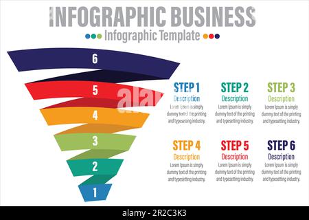 Vorlage für Infografiken des Trichters. Sechs 6-Schritte, sechs 6-Optionen oder -Ebenen Trichter. Design-Elemente für Marketing, Vertrieb und Business-Infografik. Farbenfroher Vektor Stock Vektor