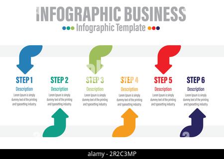 Timeline Infographics Template, Vektor-Infografiken Timeline Design Template mit sechs 6-Etiketten, sechs 6-Optionen, Vektor. Kann für das Workflow-Layout verwendet werden, Stock Vektor