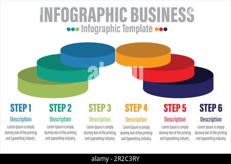 6 Schritte und sechs 6-Optionen moderne Infografik für Unternehmensprozesse mit 3D farbenfrohen Tortendiagrammen und flachen Symbolen. Einfach zu verwenden für Ihre Website oder PR Stock Vektor