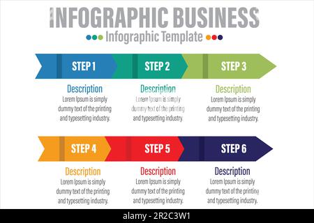 Arrow 6 Step oder Six Option Businessdaten Visualisierung. Abstrakte Elemente von Diagrammen, Diagrammen mit Schritten, Optionen, Teilen oder Prozessen. Geschäftsvorlage Stock Vektor