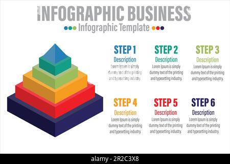 3D Infografik-Vorlage für Unternehmen. 6 Schritte modernes Mindmap-Pyramiden-Ebenendiagramm, Präsentationsvektor-Infografik. Stock Vektor