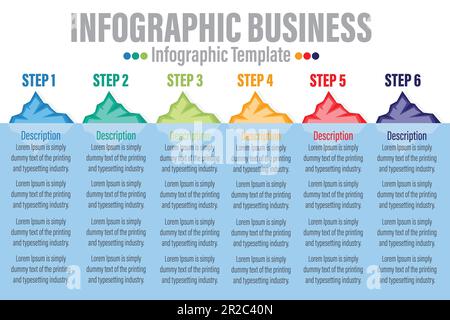 Farbenfrohe Iceberg-Infografik mit 6 Schritten und sechs Business-Daten-Prozessdiagrammen mit 6 Optionen. Diagramm mit Schritten, Optionen, Teilen oder Prozessen. Geschäftsvorlage Stock Vektor