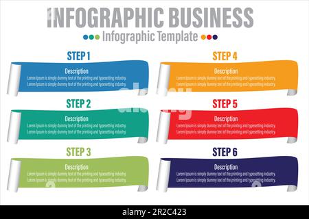 Notizen Prozess mit sechs 6-Schritten oder sechs 6-Optionen. Drei farbenfrohe Grafikelemente. Zeitleistendesign für Broschüren, Präsentationen, Websites. Infografik des Stock Vektor