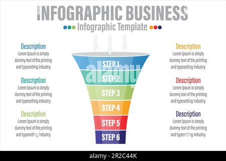 Infografik Trichterblock-Diagramm Konzept für Folienpräsentation mit sechs 6-Schritten, sechs 6-Optionen, sechs 6-Punkte-Listen und Trichterform Pyramidenkonus-Directio Stock Vektor