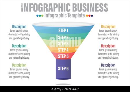 Infografik Trichterblock-Diagramm Konzept für Folienpräsentation mit sechs 6-Schritten, sechs 6-Optionen, sechs 6-Punkte-Listen und Trichterform Pyramidenkonus-Directio Stock Vektor