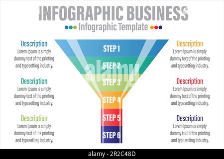 Infografik Trichterblock-Diagramm Konzept für Folienpräsentation mit sechs 6-Schritten, sechs 6-Optionen, sechs 6-Punkte-Listen und Trichterform Pyramidenkonus-Directio Stock Vektor