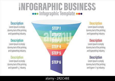 Infografik Trichterblock-Diagramm Konzept für Folienpräsentation mit sechs 6-Schritten, sechs 6-Optionen, sechs 6-Punkte-Listen und Trichterform Pyramidenkonus-Directio Stock Vektor