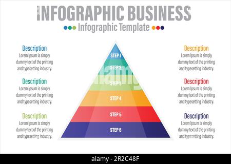 Infografik-Vorlage für Unternehmen. 6 Schritte modernes Mindmap-Pyramiden-Ebenendiagramm, Präsentationsvektor-Infografik. Stock Vektor