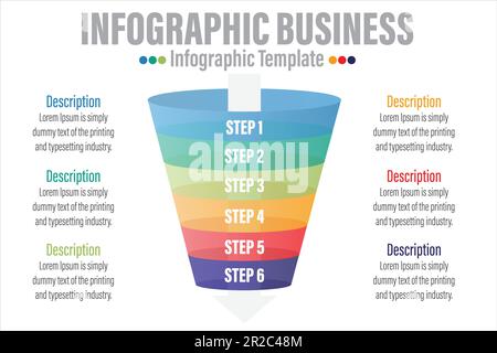 Infografik Trichterblock-Diagramm Konzept für Folienpräsentation mit sechs 6-Schritten, sechs 6-Optionen, sechs 6-Punkte-Listen und Trichterform Pyramidenkonus-Directio Stock Vektor