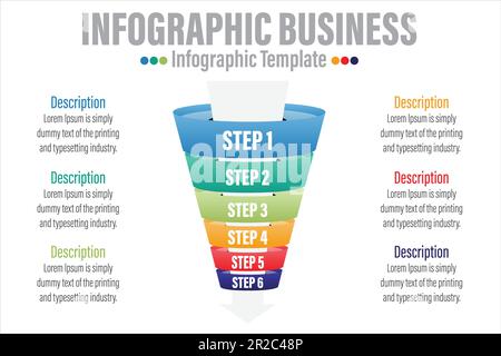 Infografik Trichterblock-Diagramm Konzept für Folienpräsentation mit sechs 6-Schritten, sechs 6-Optionen, sechs 6-Punkte-Listen und Trichterform Pyramidenkonus-Directio Stock Vektor