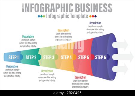 Infografik Trichterblock-Diagramm Konzept für Folienpräsentation mit sechs 6-Schritten, sechs 6-Optionen, sechs 6-Punkte-Listen und Trichterform Pyramidenkonus-Directio Stock Vektor