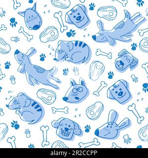 Lustiges blaues Nahtmuster mit handgezeichneten Doodle-Hunden, Pfotenabdrücken und Knochen Stock Vektor