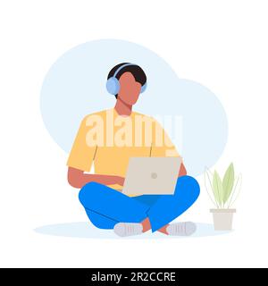 Ein Student in der Kopfhörerabteilung, der mit einem Laptop lernt. Online-Fernunterrichtskonzept. E-Learning Stock Vektor