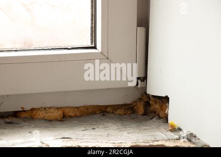 Reparatur der Neigung am Fenster, Pilze am Fenster, Fenster in der Wohnung Stockfoto