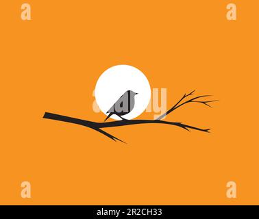 Vogel auf Zweig bei Sonnenuntergang, Vektor. Vogelsilhouette auf Ast, Vektor. Vogelsilhouette, Illustration. Minimalistisches Posterdesign Stock Vektor