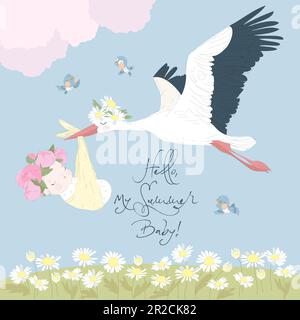 Storch fliegt im Himmel mit Baby über der Chamomile Meadow Stock Vektor