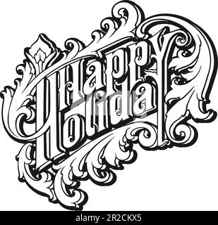 Happy Holiday Handschrift Schriftzug klassisch wirbelnd elegante Silhouette Vektorabbildungen für Ihr Arbeitslogo, Merchandise-T-Shirt, Aufkleber und Label de Stock Vektor