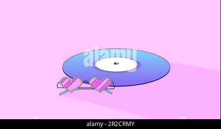 Schallplatte aus Vinyl mit herzförmigen Gläsern und Tapete Stock Vektor