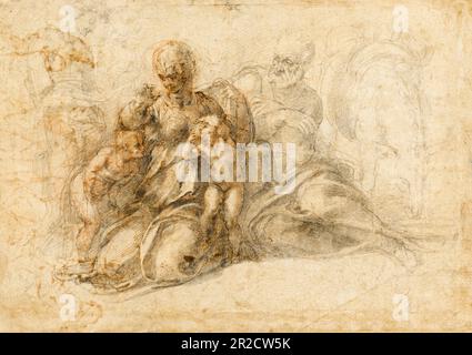 Michelangelo Buonarroti, die Heilige Familie mit dem Heiligen Johannes dem Täufer, Zeichnung 1530 Stockfoto