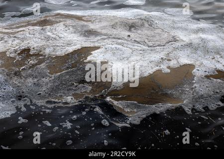 Dreckige Welle mit Schlammschaum. Dreckige Surflinien aus Algen im Seehafen. Schmutzige See, Umweltprobleme. Chemische Verschmutzung des See-foa Stockfoto