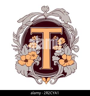 Brief T Blumenmonogramm. Vintage-Ornamente im ersten Alphabet-Spiralstil. Stock Vektor