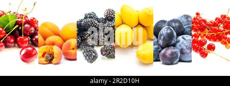 Collage aus verschiedenen Früchten auf weißem Hintergrund Stockfoto