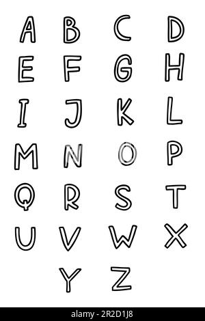 Unregelmäßige Formen Schwarze englische lateinische abc-Schriftart A bis z. Vektordarstellung in handgezeichneter Kontur Doodle-Stil isoliert auf weißem Hintergrund. Fo Stock Vektor