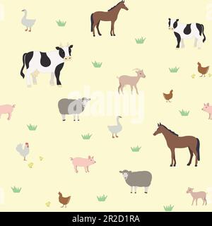 Muster der Nutztiere, Kuh, Schwein, Pferd, Schaf. Ziegen-, Hühner-, Gänse-, Geflügel-, Zeichentrickset mit Tieren. Vektorhintergrund Stock Vektor