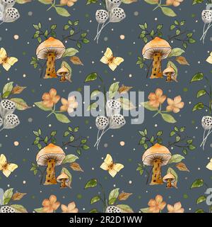 Wasserfarbenes, nahtloses Pilzmuster. Illustration von Pilzen, Pflanzen, Blumen und Schmetterlingen. Muster auf dunkelblauem Hintergrund. Stockfoto