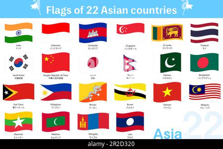 Flatternde Weltflaggensymbole, 22 asiatische Länder gesetzt, Vektordarstellung Stock Vektor