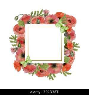 Aquarelle Karte mit rotem Mohn. Rote Mohnblumen und Schmetterling. Design für Einladung, Begrüßung, Jubiläum und Geburtstage. Von Hand zeichnen. Quadratischer Rahmen. Stockfoto