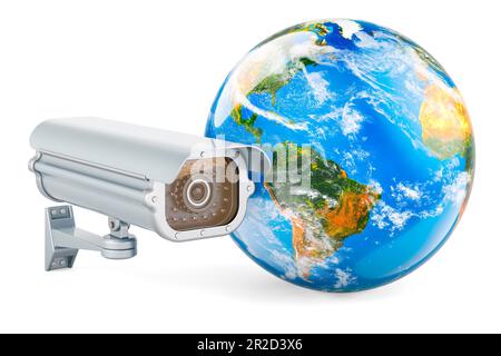 Überwachungskamera mit Earth Globe. 3D-Rendering auf weißem Hintergrund isoliert Stockfoto
