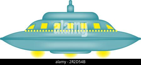 Eigenartige, isolierte Cartoon-Untertasse. UFO-Tag. UFO mit hellgelben Lichtern. Fantastisches Außerirdisches Raumschiff. Vektordarstellung. Stock Vektor