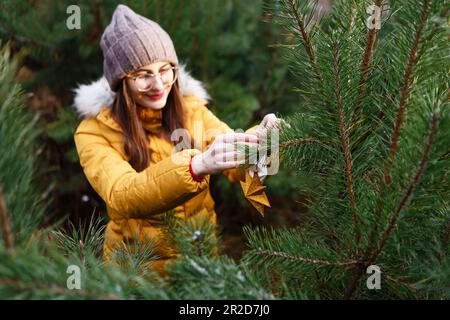 Eine junge Frau hängt Dekorationen an einem weihnachtsbaum Stockfoto