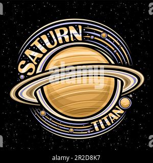 Vektorlogo für Saturn, dekorativer Fantasiedruck mit rotierendem Planet saturn und vielen Monden, gaswindiger Oberfläche, rundem cosmo-Tag mit einzigartigem Schriftzug Stock Vektor