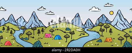 Hübsche handgezeichnete Landschaft mit Bergen, Zelten, Bäumen, Hügeln. Einfach illustrierte Landschaft, Abenteuer - großartig für Banner, Hintergrundbilder, Karten. Stock Vektor