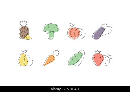 Set mit Kontursymbolen für Obst und Gemüse. Birne, Ananas, Brokkoli, Erdbeere, Gurke, Karotte. Pfirsich. Vektorillustrationssammlung für Stock Vektor