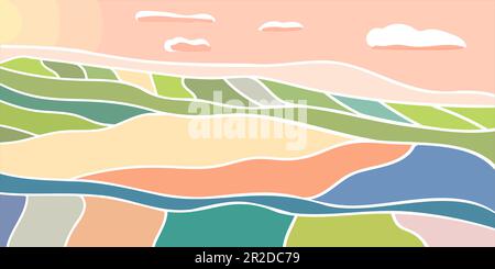Abstrakter Hintergrund mit Agrofeldern bei Sonnenuntergang und Sonnenaufgang. Rosa Himmel, Sonne, Wolken. Flache Vektordarstellung, geeignet zum Drucken von Bannern, Flyern, Einladungen Stock Vektor