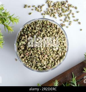 Bündel frischer grüner aromatischer Thymiankräuter mit getrockneten Thymiansamen in einer Schüssel. Stockfoto