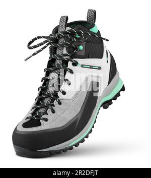 Neuer Sportwanderstiefel mit Schnürsenkel und Schleifen an der Spitze isoliert auf weißem Hintergrund. Winter Trekking Schuh mit Clipping Pfad. Volle Schärfentiefe Stockfoto