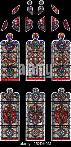 Farbenfrohes, viktorianisches, säkulares Glas in St. Peter und St. Paul Church, Ormskirk, Lancashire, Großbritannien Stockfoto