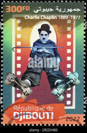 Charlie Chaplin Porträt auf afrikanischer Briefmarke Stockfoto