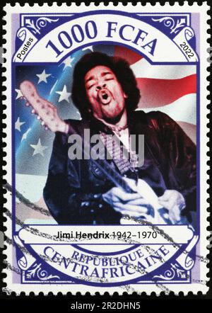 Jimi Hendrix in einem Konzert auf afrikanischer Briefmarke Stockfoto