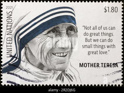 Porträt von Mutter Teresa auf Briefmarke der Vereinten Nationen Stockfoto