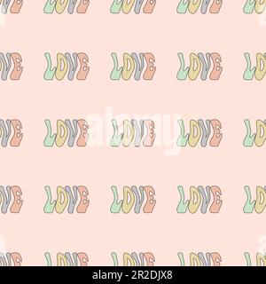 Vector Nahtloses Muster -Y2K Groovy Zitat LOVE-Schriftzug. Flippige Retro-Ästhetik für ein modernes Stoffdesign mit schmelzenden organischen Formen. Stock Vektor