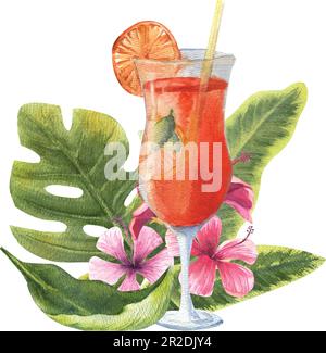 Ein Set tropischer Früchte, Ananas, Kiwi, Bananenscheiben, hervorgehoben auf weißem Hintergrund. Aquarell. Stock Vektor