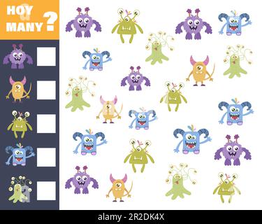 Zählspiel für Vorschulkinder. Mathematikspiel. Zählen Sie, wie viele Monster es gibt Stock Vektor